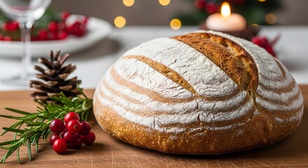 Artisan sourdough loaf with festive holiday decorations on wooden surface