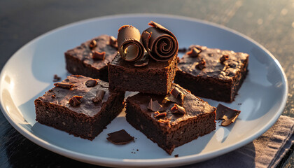 Close-up shot of delicious chocolate brownies arranged on a white plate, garnished with chocolate curls.