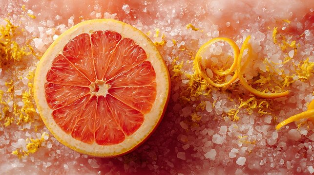 A vibrant grapefruit slice with zest and salt crystals against a pink textured background view from above - Powered by Adobe