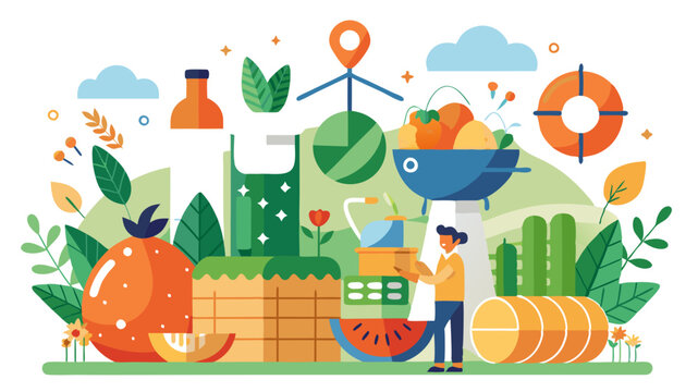 Healthy lifestyle concept with fresh fruits, vegetables, and green juice, alongside elements of sustainable living like renewable energy and ecofriendly practices