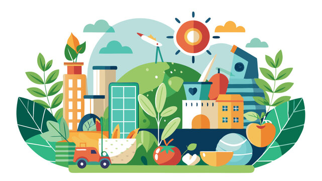 Urban cityscape with modern buildings, telescope, and truck, amidst greenery and fruits, representing smart city and sustainable living