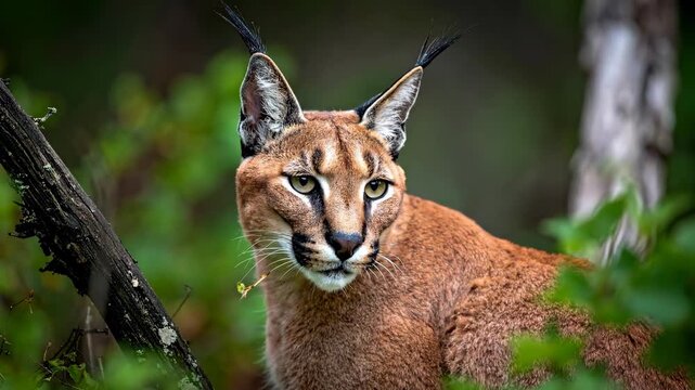 Caracal Wild Cat in Lush Green Forest Environment.