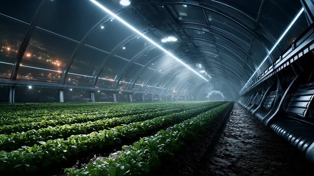 Commercial cultivation under cold blue lighting with technological