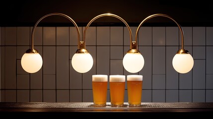 Stylish Bar Scene with Lit Lamps and Three Glasses of Beer