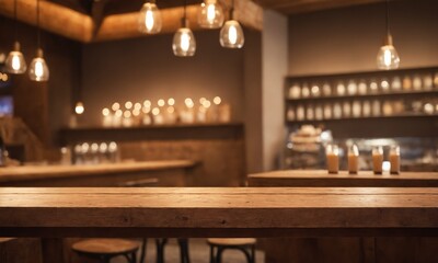 Rustic wooden bar top ready for your product display, perfect for cozy drink advertisements and warm, inviting hospitality promotions