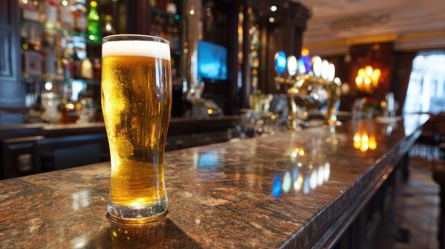 Refreshing Glass of Beer at Elegant Bar Counter with Blurred Background
