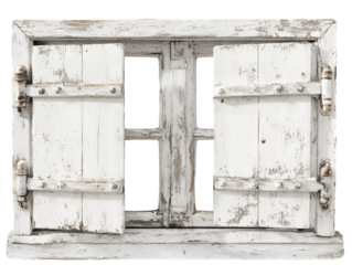 Rustic white wooden window with weathered shutters and panes.