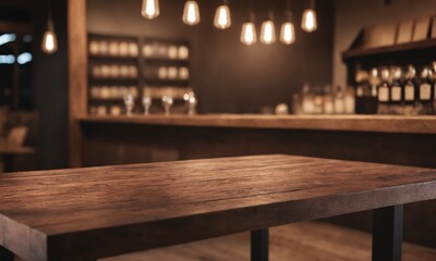 Charming rustic wooden table in a warm, inviting bar setting with vintage lighting, perfect for showcasing products or creating a cozy atmosphere