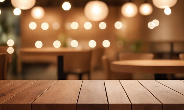 Warm inviting restaurant interior with wooden table ready for your product display, creating a cozy and elegant ambiance for culinary presentations
