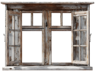 Weathered wooden window frame with open shutters reveals dark void.