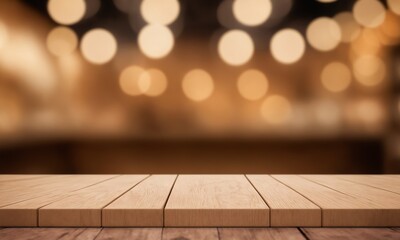 Elegant wooden table surface with blurred warm bokeh lights background, perfect for showcasing products or creating inviting restaurant menus