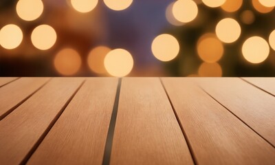 Warm rustic wooden table surface with soft glowing bokeh lights background creates a cozy, inviting atmosphere perfect for holiday promotions