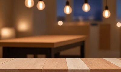 Warm and inviting room interior with rustic wood table and ambient lighting for product placement or cozy home decor ads, perfect for lifestyle blogs