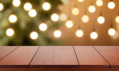 Celebrate the season with a festive wood table background perfect for product displays and holiday promotions with glowing lights creating a warm ambiance