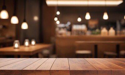 Warm wooden table invites you into a cozy restaurant atmosphere, the perfect setting for food photography, product placement, or lifestyle promotions