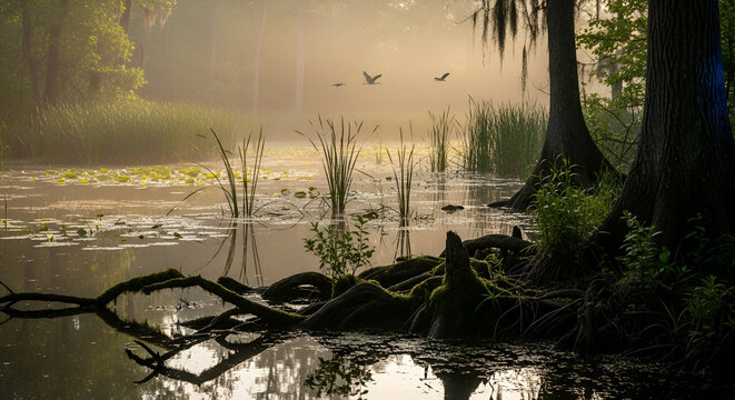 Misty wetland at sunrise with calm water, cypress roots, tall reeds, and birds flying through golden light.