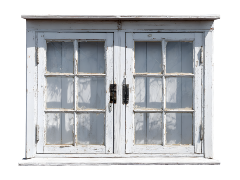 Rustic white wooden double doors with aged paint and glass panes.