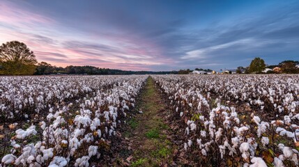 Cotton Field at Sunset with Beautiful Sky and Rural Landscape