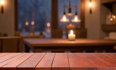 Rustic wooden table in cozy candlelit room, perfect for showcasing products, food photography, or holiday gatherings with warm inviting atmosphere