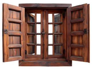 Rustic wooden window with open shutters and glass panes.