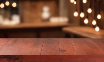 Warm inviting rustic wooden table surface with blurred cafe background and glowing string lights, perfect for product mockups or lifestyle designs