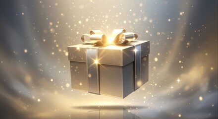 A luxurious glowing present in a silver box with a brilliant golden bow, surrounded by magical starlight. The perfect concept for a special gift