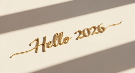Elegant 3D golden typography spelling out 'Hello 2026' on a minimalist beige background with soft shadows, a modern greeting for the new year