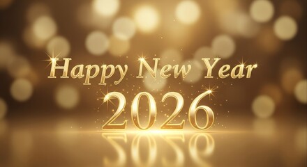 Celebrate the arrival of 2026 with this luxurious Happy New Year greeting, featuring elegant golden typography on a glittering bokeh lights background