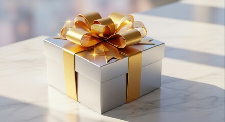 An elegant silver gift box wrapped with a large, shiny golden ribbon bow, presented on a marble surface for a special holiday or celebration of love