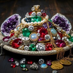 A collection of colorful jewelry including rings, necklaces, and coins displayed on a dark surface with amethyst geodes in the background
