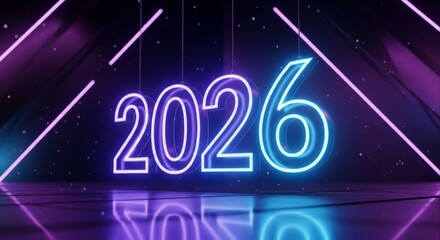 A vibrant and futuristic digital illustration of the year 2026 in glowing neon letters, set against a dark background with purple and blue light reflections