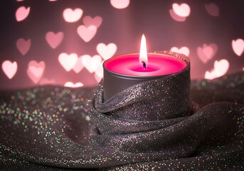 Burning candle with heart bokeh lights