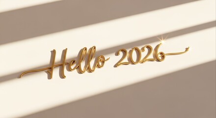 Elegant gold script saying 'Hello 2026' on a minimalist beige background with diagonal window light shadows creating a sophisticated New Year celebration concept