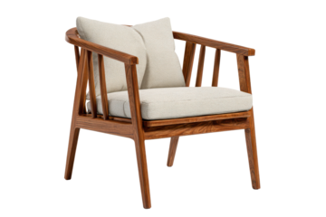Wooden armchair with light beige cushions and slatted back on black furniture, Isolated On Transparent Background, Png Cut Out