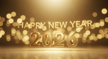 Luxurious Happy New Year 2026 celebration banner featuring shiny golden numbers and text against a beautiful out-of-focus light background