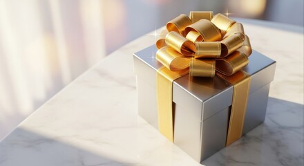 A luxurious silver gift box with a shiny gold ribbon bow sitting on a white marble table in the sunlight, a perfect present for a special occasion