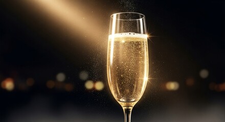 A single flute of golden sparkling wine with effervescent bubbles under a dramatic spotlight, symbolizing a luxurious celebration or a special moment