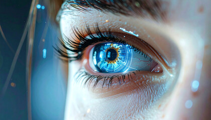 Cybernetic Gaze: A close-up view of an eye augmented with futuristic technology, glowing with a bright, digital irises.