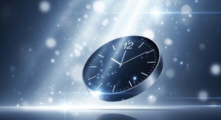A sleek, modern clock is magically suspended in a brilliant celestial spotlight, surrounded by sparkling dust motes on a dark, abstract backdrop
