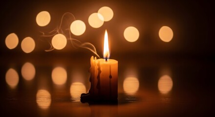 A solitary burning candle casts a warm, peaceful glow in the darkness, with dripping wax and a trail of smoke against a beautiful bokeh background