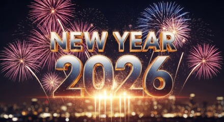A vibrant display of colorful fireworks illuminates the night sky over a glittering cityscape, heralding the arrival of a happy and prosperous 2026
