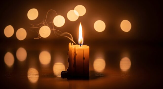 A solitary burning candle casts a warm, peaceful glow in the darkness, with dripping wax and a trail of smoke against a beautiful bokeh background