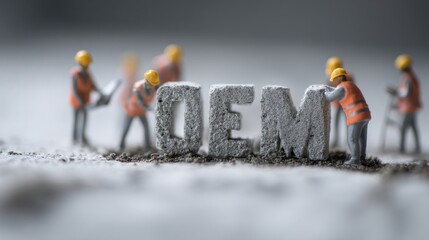 Miniature Construction Workers Forming OEM Letters on Surface