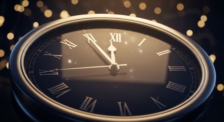 An elegant golden clock with Roman numerals approaches the final moments before midnight, symbolizing a New Year's Eve countdown and the start of a new beginning