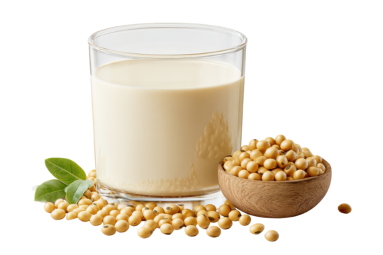 Glass of creamy soy milk with soybeans and green leaves on black background beverage drink, Isolated On Transparent Background, Png Cut Out