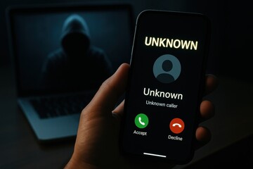 Mysterious phone call from an unknown caller, juxtaposed with a shadowy figure in the background. Concept of anonymity, digital security, and the threat of unknown communications.