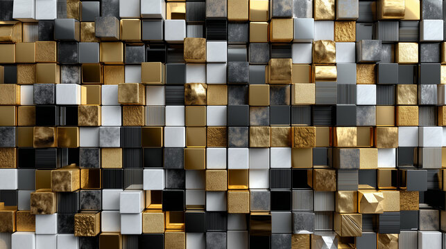 Abstract 3D render of stacked metallic cubes in gold, silver, and black forming a geometric modern wall pattern