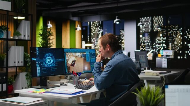 Diverse team of engineers using artificial intelligence to design a floor plan, working together with neural networks and computer aided apartment layout on architectural software. Camera A.