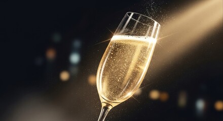 An elegant tilted flute of sparkling golden wine with effervescent bubbles rising, symbolizing a luxurious toast and celebration on a glamorous dark bokeh background