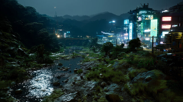 Futuristic cityscape at night with glowing neon lights beside a serene river and lush forested hills.